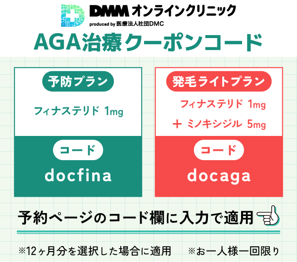 DMMオンラインクリニックのAGA治療のクーポンコードを示した画像